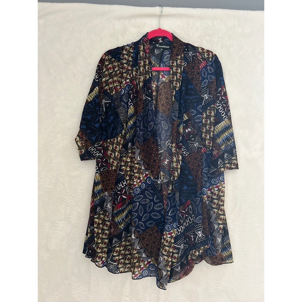 Creation Women Multi-Color Geometric Patchwork Open Front Cardigan Duster Small